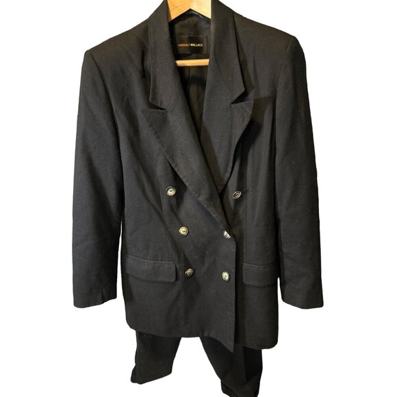 Harris Wallace Black Wool Double Breasted Blazer Pleated High Waist Pants Suit - Picture 1 of 11